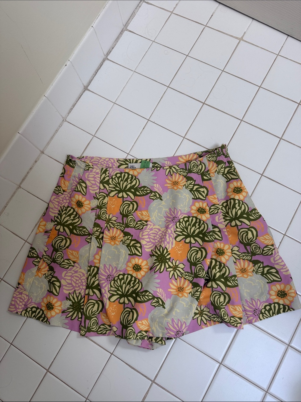 Tory Burch Pink Floral Circle Skirt with Green & Orange Accents